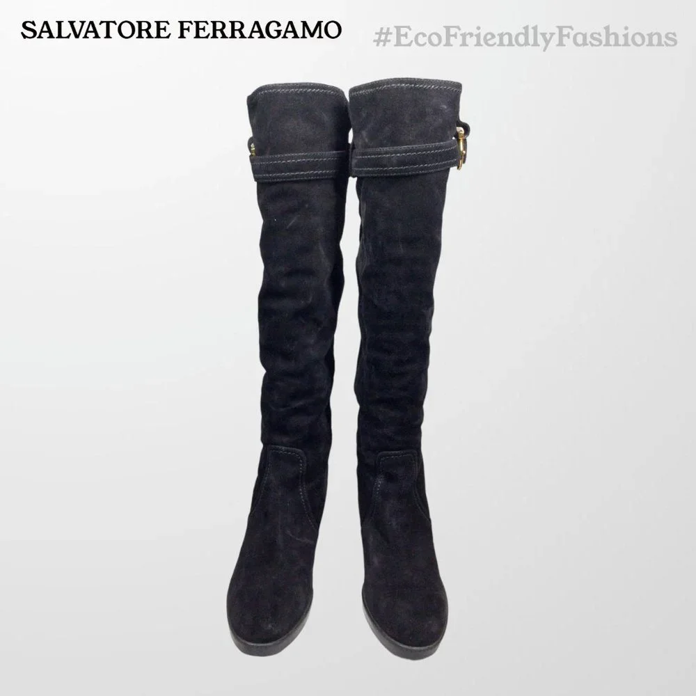 Salvatore Ferragamo Black Suede Over-The-Knee Boots with Buckle Detail